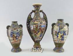 Fine Antique c. Meiji Japanese Moriage Satsuma Detail Handpainted Vases 19