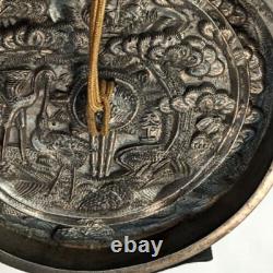 Fine Cast Japanese Edo Bronze Kagami Mirror Tortoise Crane 4.5 in diam Signed