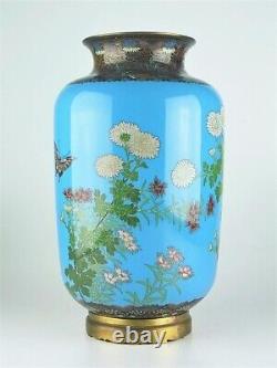 Fine Japanese Antique Meiji Blue Cloisonne Large 12.5in Vase Flower Butterfly