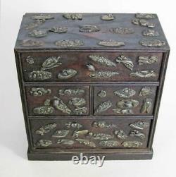 Fine Japanese Elm Table Cabinet Chest of Drawers with Brass Appliqué Motifs 1890