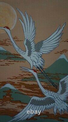 Fine Japanese Hand Painting Flying Cranes Mt. Fuji Signed