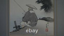 Fine Japanese Hand Painting Man Fishing Signed Chop Stamp Framed