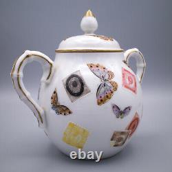 Fine Japanese Kutani Porcelain Sugar Bowl Decorated With Butterflies and Stamps