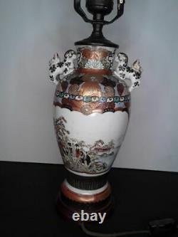 Fine Japanese Kutani Urn Lamp with Peacocks and Foo dog handles