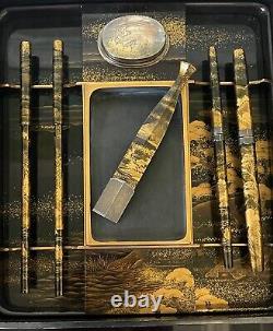 Fine Japanese Lacquer Fujiyama Makie Suzuribako with Complete Writing Implements