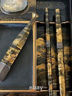 Fine Japanese Lacquer Fujiyama Makie Suzuribako with Complete Writing Implements