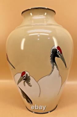 Fine Japanese Meiji Ando Wire & Wireless Cloisonne Vase With Cranes