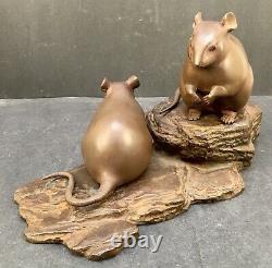 Fine Japanese Meiji Bronze Okimono Two Mice on a Wooden Base
