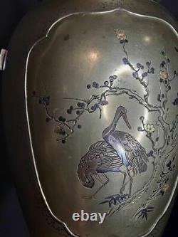 Fine Japanese Meiji Shakudo Bronze Ikebana vase with Oni and Crain