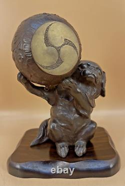 Fine Japanese Meiji Solid Bronze WithShakudo & Silver Okimono Dog With Drum Signed