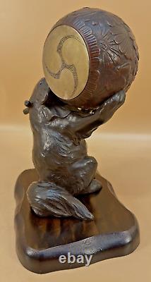 Fine Japanese Meiji Solid Bronze WithShakudo & Silver Okimono Dog With Drum Signed