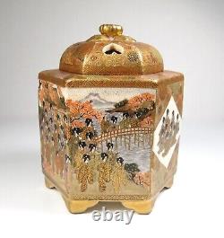 Fine Japanese Signed Meiji Satsuma Incense Burner Koro with Geishas & Buddhists