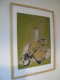 Fine Japanese Zen Style Hand Painting of Dalma with 3 Childrens Framed