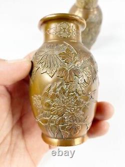Fine Meiji Era Japanese Bronze Coated on Copper Bird Flower Motif Vase Set