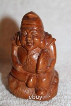 Fine Old Antique Meiji Japanese Well Carved Wood Ebisu God of Luck Fisherman
