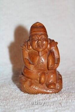 Fine Old Antique Meiji Japanese Well Carved Wood Ebisu God of Luck Fisherman