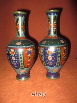Fine Pair of Antique Japanese Meiji Period Cloisonne Vases 8.25 1880's