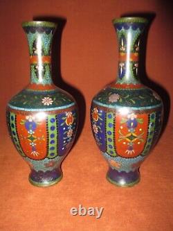 Fine Pair of Antique Japanese Meiji Period Cloisonne Vases 8.25 1880's