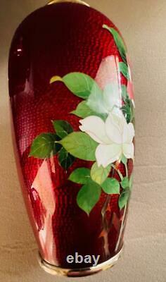 Fine Vintage Pair Japanese Cloisonné Fish Scale Vase Flowers Birds Ox Blood