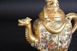 Fine antique Japanese satsuma Dragon Teapot, Cranes and garden Meiji