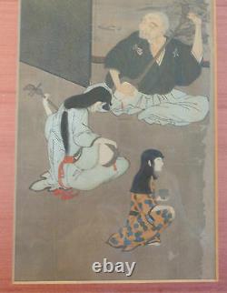 Fine antique Japanese scroll painting Shamisen players silk screen