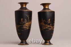 Fine pair antique Japanese metal black & gold river landcape vases, Fuiji