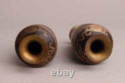 Fine pair antique Japanese metal black & gold river landcape vases, Fuiji