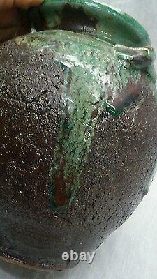 Fine vintage Japanese art pottery green brown glaze vase signed