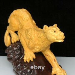 Handwork Old Fine boxwood Collectible Japanese Netsuke Panthera pardus Statue