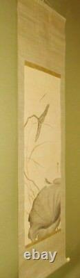 JAPANESE PAINTING HANGING SCROLL 66.9 Lotus Antique Bird FINE ART Japan b175
