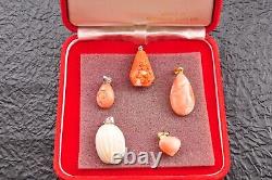 Japan Antique Red Coral Carved 5 items Pendant 0.58oz with Certificate and box