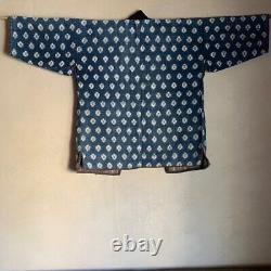 Japan antique BORO Indigo dyed Yukinko Ikat Noragi Fine Sashiko stiched
