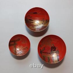 Japanese Antique Kyoto Ritual Fine Maki-e Sake Cups Set with Box Circa Meiji