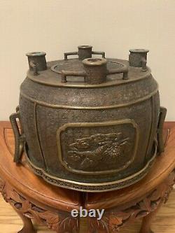 Japanese Bronze Vessel Qilin Phoenix Pattern Fine Copper Fire Bowl Murata Seimin