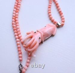 Japanese Carved Coral Squid Pendant and Necklace Elatius Coral 32gr