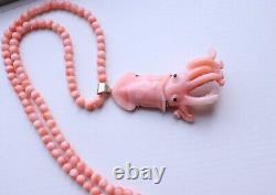 Japanese Carved Coral Squid Pendant and Necklace Elatius Coral 32gr