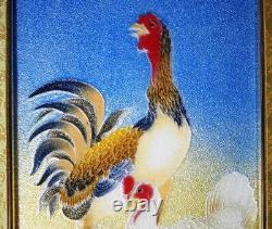Japanese Fine Cloisonne Enamel Plaque of Rooster & Hen, Framed, c. 1950-70