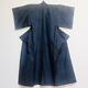 Japanese Kimono Oshima Tsumugi Fine Pattern Komon 159cm Indigo Blue Antique