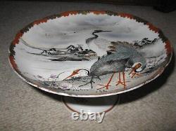 Japanese kutani compote meiji cranes finely hand painted signed unusual 9 inches