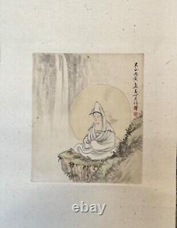 Japanese watercolor on paper painting scroll fine painted sitting Guanyin Thanka