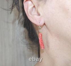 Kwan Yin Antique Red Momo Coral Carved Japanese Large Lever Back Earrings