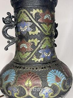 Large Fine Antique Bronze Japanese Cloissone Champleve Enamel LampDragon Floral