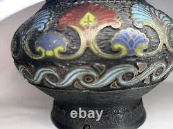 Large Fine Antique Bronze Japanese Cloissone Champleve Enamel LampDragon Floral