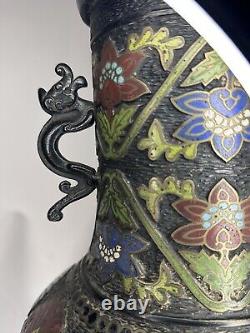 Large Fine Antique Bronze Japanese Cloissone Champleve Enamel LampDragon Floral