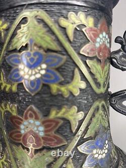 Large Fine Antique Bronze Japanese Cloissone Champleve Enamel LampDragon Floral