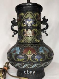 Large Fine Antique Bronze Japanese Cloissone Champleve Enamel LampDragon Floral