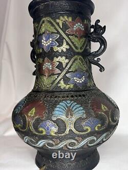 Large Fine Antique Bronze Japanese Cloissone Champleve Enamel LampDragon Floral