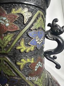 Large Fine Antique Bronze Japanese Cloissone Champleve Enamel LampDragon Floral