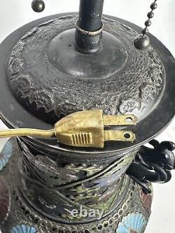 Large Fine Antique Bronze Japanese Cloissone Champleve Enamel LampDragon Floral