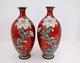 Large Rare Fine Pair Lily Flower, Butterfly Japanese Cloisonne Vase Pigeon Blood